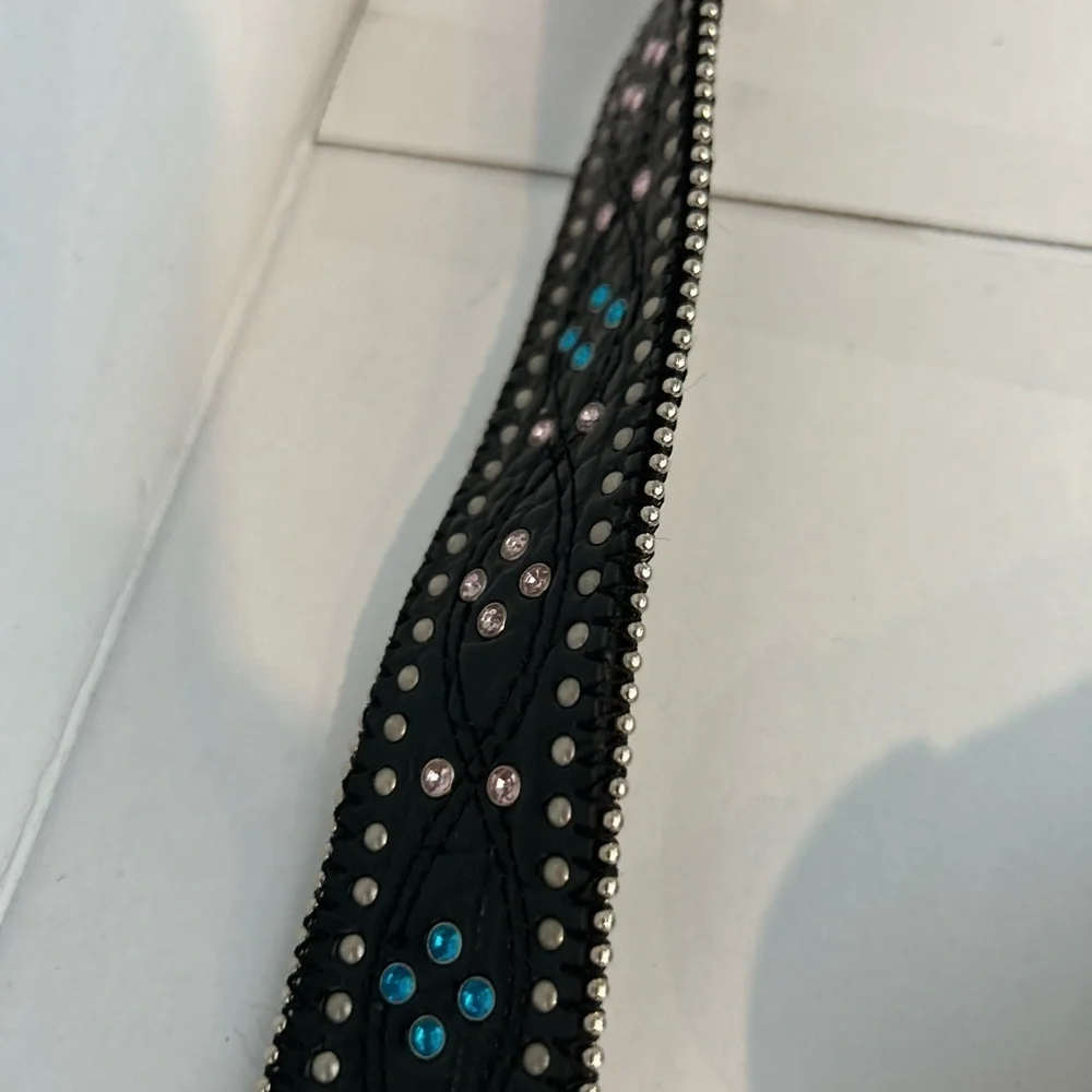 Womens Black Belt Pink,Blue & Silver Gems W/ Interchangeable Buckle  Size L 41”